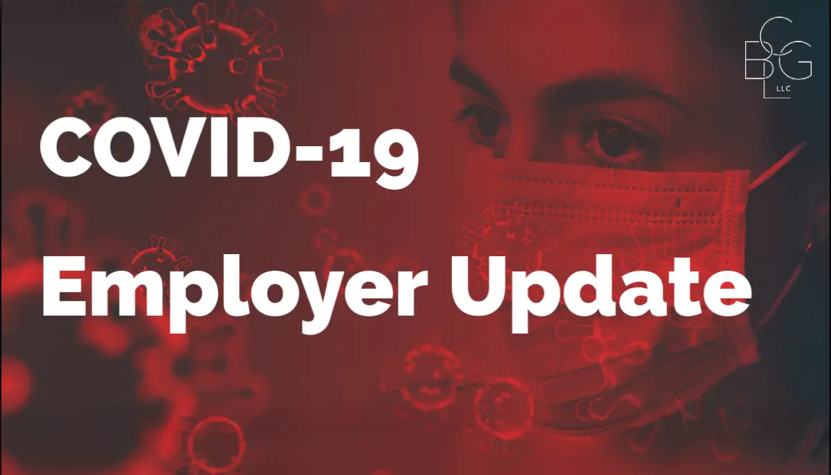 A woman wearing a face mask is shown with red-tinted graphics of the coronavirus overlaid. Large white text reads, COVID-19 Employer Update, with a BG LLC logo in the top right corner.