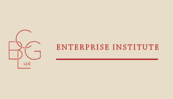 Logo With Overlapping Letters BGC LLC On The Left And The Words Enterprise Institute In Red Text On The Right, With A Horizontal Red Line Underneath. Background Is A Light Beige Color.