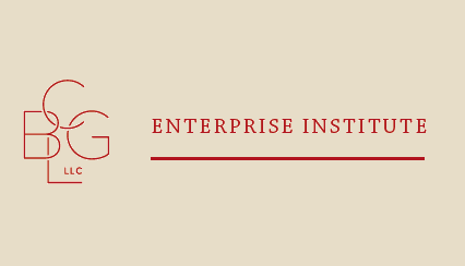 Logo with overlapping letters BGC LLC on the left and the words Enterprise Institute in red text on the right, with a horizontal red line underneath. Background is a light beige color.