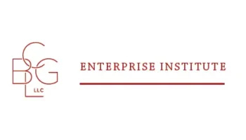 Logo For Enterprise Institute. On The Left, Stylized Letters B G LLC Overlap In Red. To The Right, ENTERPRISE INSTITUTE Appears In All Caps Above A Red Line, All On A White Background.