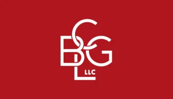 White Logo With Overlapping Letters B, G, And C Above LLC On A Solid Red Background. The Letters Are Stylized And Interconnected, Forming A Compact Design.