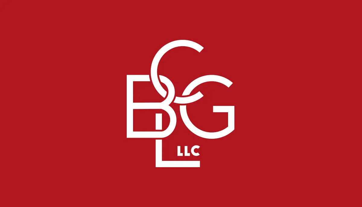 White logo with overlapping letters B, G, and C above LLC on a solid red background. The letters are stylized and interconnected, forming a compact design.