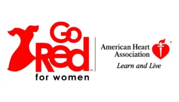 Logo With A Red Dress And Text Go Red For Women. Next To It, American Heart Association With A Heart And Flame Symbol, And The Phrase Learn And Live.