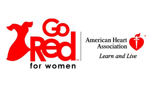 Logo with a red dress and text Go Red for Women. Next to it, American Heart Association with a heart and flame symbol, and the phrase Learn and Live.