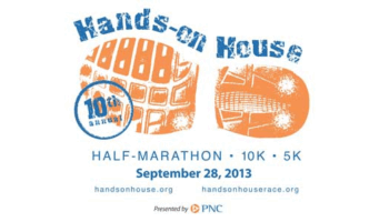 Logo For The Hands-on House 10th Annual Half-Marathon, 10K, And 5K Event, Featuring Two Orange Shoe Prints And Event Details, Dated September 28, 2013, With Sponsor PNC And Website Links.