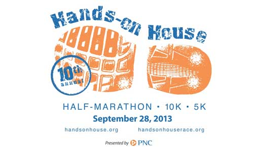Logo for the Hands-on House 10th annual Half-Marathon, 10K, and 5K event, featuring two orange shoe prints and event details, dated September 28, 2013, with sponsor PNC and website links.
