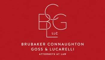 White Logo For Brubaker Connaughton Goss & Lucarelli LLC On A Red Background, With Stylized Initials BCGL Above The Full Firm Name And The Text Attorneys At Law Below.