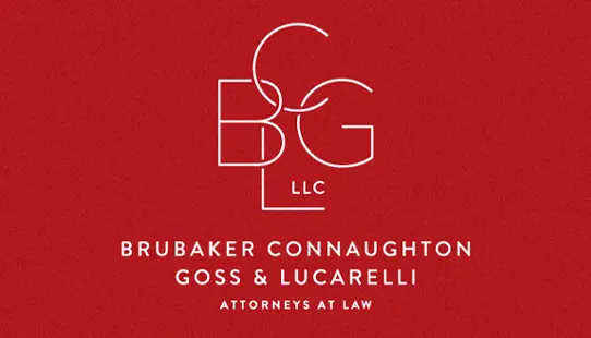 White logo for Brubaker Connaughton Goss & Lucarelli LLC on a red background, with stylized initials BCGL above the full firm name and the text Attorneys at Law below.