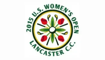 Logo For The 2015 U.S. Women’s Open At Lancaster Country Club, Featuring A Floral Design With Red Flowers In The Center, Surrounded By Green Text On A White Background.