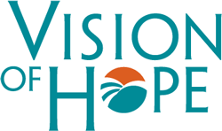 The image displays the words Vision of Hope in teal capital letters, with a stylized orange sun and teal hills forming the letter O in Hope.