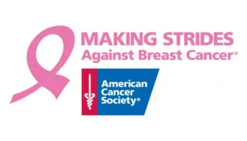 Pink Breast Cancer Awareness Ribbon With The Words “Making Strides Against Breast Cancer” In Pink Text Beside The American Cancer Society Logo, Which Features A Sword And Blue Background.