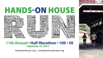 Promotional Image For The Hands-on House 11th Annual Half-Marathon, 10K, And 5K On September 27, 2014. Includes A Word Cloud Forming The Word RUN And A Photo Of Two Runners Exiting A Covered Bridge.