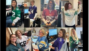 A Collage Of Eight People In An Office Wearing Various Football Jerseys. Some Are Seated At Desks, While Others Stand And Smile, Showing Off Their Jerseys, With Go Birds Visible On One. The Atmosphere Appears Casual And Cheerful.
