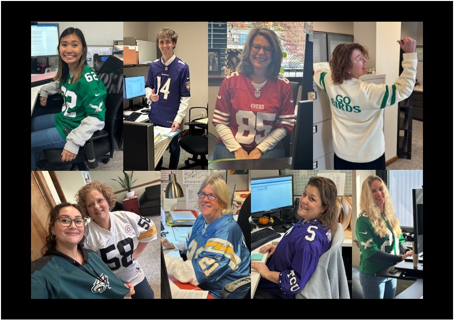 A collage of eight people in an office wearing various football jerseys. Some are seated at desks, while others stand and smile, showing off their jerseys, with Go Birds visible on one. The atmosphere appears casual and cheerful.