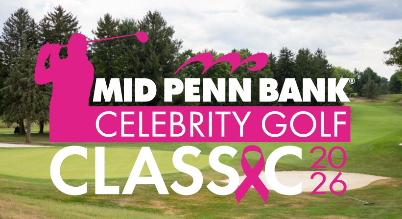 A golf course with trees in the background features a bold pink and white logo reading “Mid Penn Bank Celebrity Golf Classic 2026” with a pink ribbon replacing the “A” in “Classic.”.